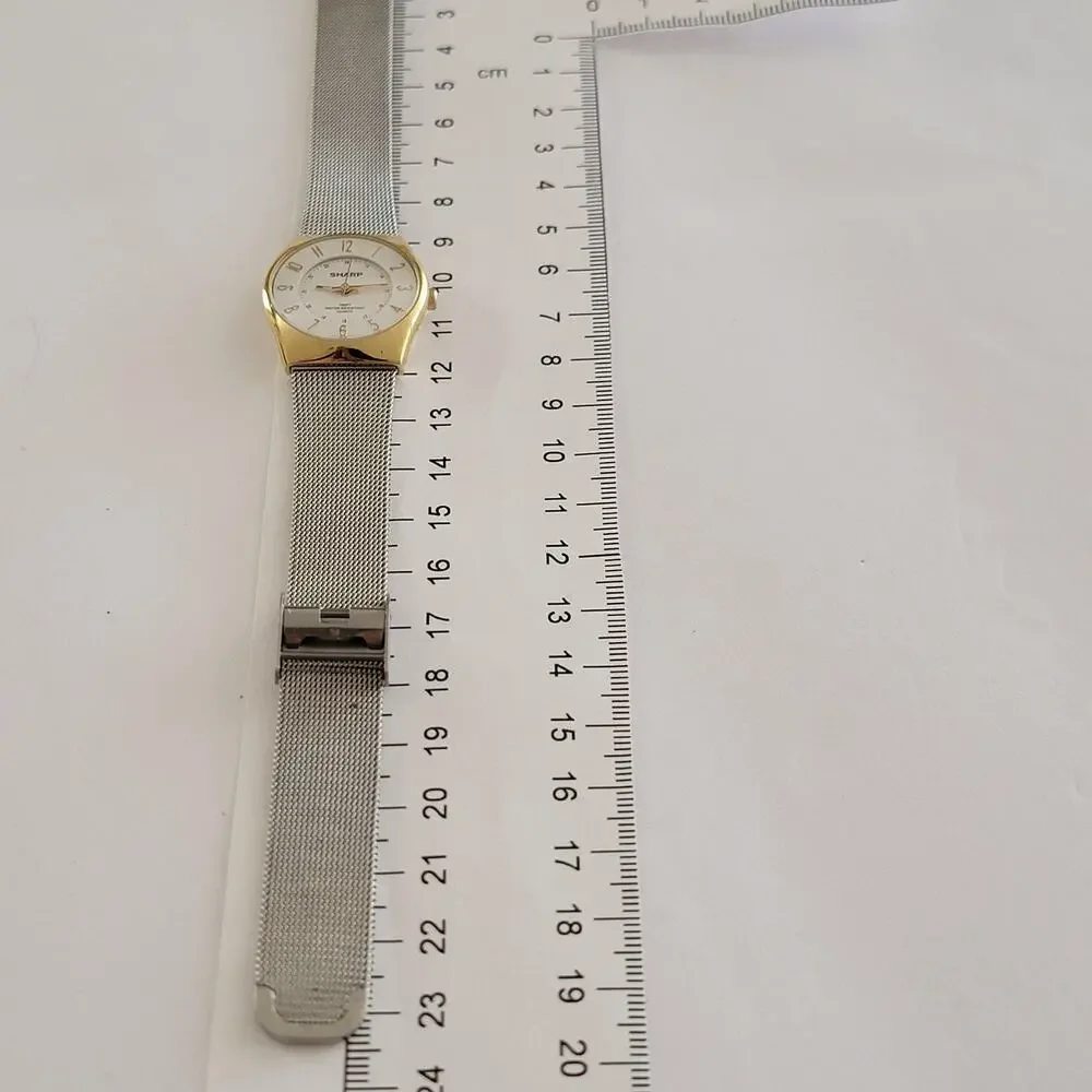 Sharp Womens Watch White Dial Gold Case Silver Mesh Bracelet Quartz Analog